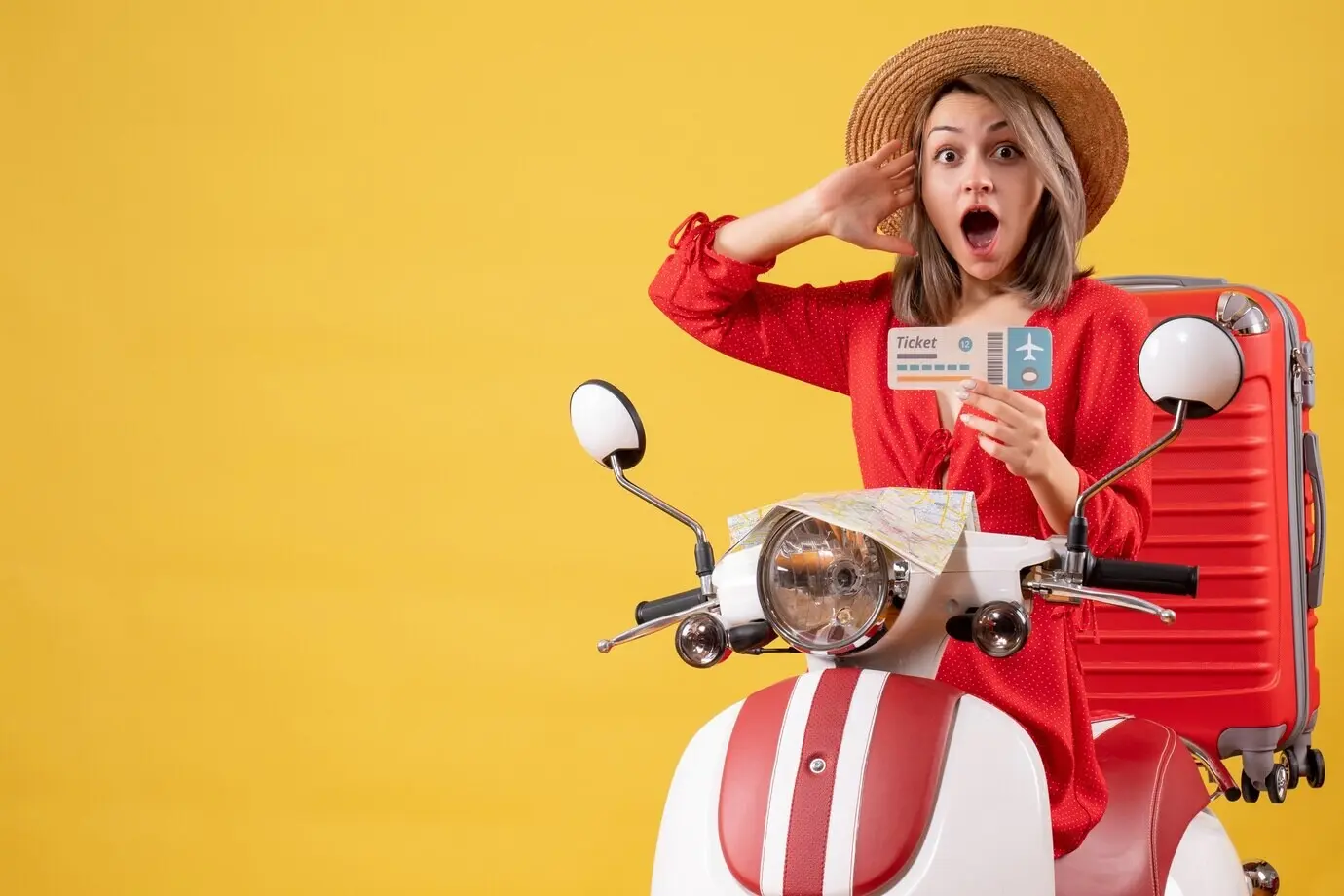 Front view of an astonished young woman in a red dress on a moped, holding a ticket.